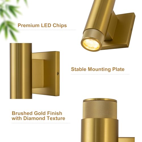 Image of 9 Inch Modern Outdoor Wall Light, Waterproof Gold Up and Down Exterior Wall Sconce, 2-Light Porch Light Fixture for Patio, Garage, Front Door