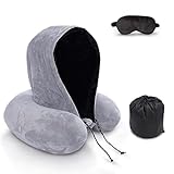 LAMART Travel Neck Pillow for Airplane Sleeping, Memory Foam Neck Hooded Pillow for Sleep Well, Travel Neck Pillow with Hood and Eye Mask to, Lightweight Neck Pillow (Grey/Black)