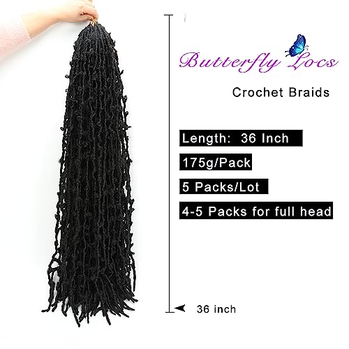 5 Packs 36 Inch Butterfly Locs Crochet Hair Distressed Faux Locs Crochet Hair For Black Women Pre Looped Natural Messy Butterfly Boho Locs Pre-Twisted Braids(36",5Packs,1B) #TOP1