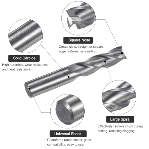 Image of uxcell Carbide Square End Mill, 5 /8 inch Diameter Uncoated 3 Flutes Milling Bit Cutter, for Aluminum Copper Non-Ferrous Metal, 5 /8 inch Shank 2-3 /8 inch Cut Length 4 inch Long
