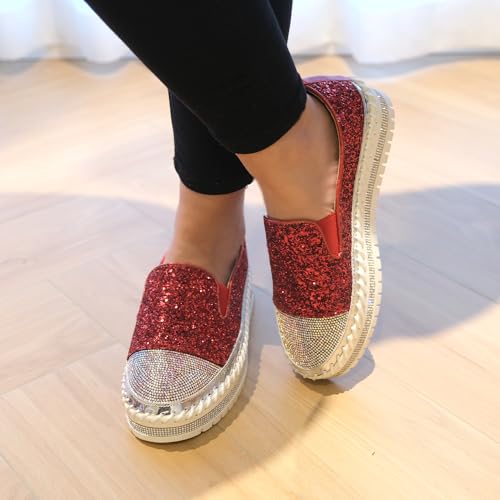 Image of Women's Fashion Rhinestone Slip On Sneakers Casual Comfort Platform Walking Shoes Cute Bowknot Glitter Bling Loafers