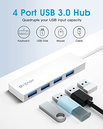 BYEASY USB Hub,USB Splitter for Laptop,USB 3.0 Hub,Multi USB Port Expander,Fast Data Transfer 4 Port USB Hub Compatible with Windows PC, Mac, Printer, Mobile HDD(White)