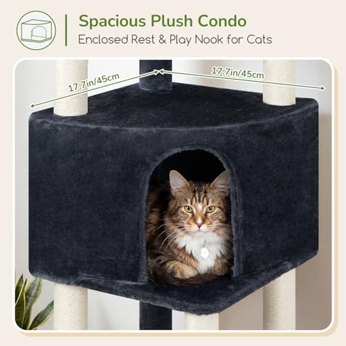 Image of Globlazer Tall Cat Tree Tower for Large Adult Cats, Multi-Level Large 65 Inch Cat Scratching Tower with Hammock, 6 Scratching Posts, Basket and 2 Perches for Indoor Multiple Cats, F65D, Dark Grey