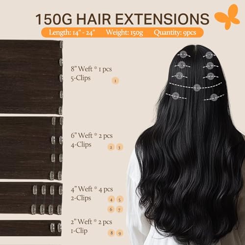 Image of DOORES Real Human Hair Extensions, Light Dark Brown 18 Inch 150g 9pcs, Clip in Remy Hair Extensions, Thick Natural Hair