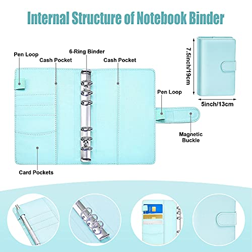 Pu Leather Notebook Binder Budget Planner - A6 Cash Envelope System Binder With 10 Pcs 6-Ring Binder Pockets, 12Pcs Expense Budget Sheets And 4 Sheets Categories Letter Sticker Label (Blue) #TOP1