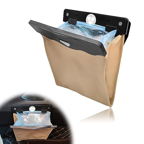 Image of Car Trash Can with LED Light and Magnet Closure Design, Passenger Side Waterproof PU Leather Garbage Bag, Back Seat Hanging Leak Proof Reusable Traveling Portable Offices Garbage Cans (Beige)