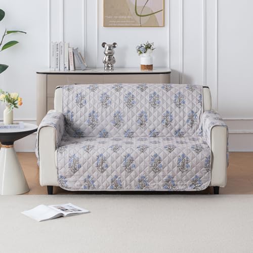 Image of House of Quirk 'Mughal Series' Anti-Slip Sofa Cover Mat with Pocket | Polyester Couch Protector for Pets, Kids & Spills (Beige Wildflower, 180x120cm, Two Seater)