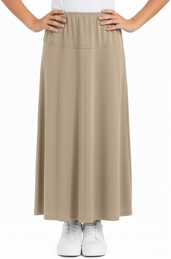 BABY O Girls Stretch Slinky Knit A-Line Ankle Maxi Skirt - Comfortable Elastic Waist for Ages 4-18, Made in USA