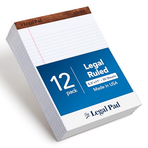 TOPS 8.5 x 11 3/4 Legal Pads, 12 Pack, The Legal Pad Brand, Wide Ruled, White Paper, 50 Sheets Per Writing...