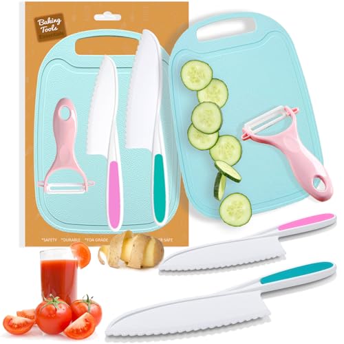GONEJALL 4 Pieces Kids Knife Set for Real Cooking, Toddler Knife Set with Ceramic Peeler for Kitchen, Kids Cutting Board and Safe Plastic Knives for Cutting Cakes, Fruit, Veggies & Bread