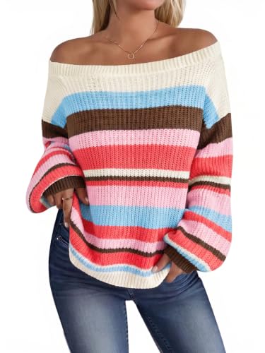 Image of MARZXIN Women's Striped Off the Shoulder Sweaters Cute Oversized Fall Tops