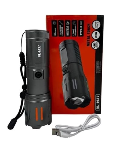 Image of RL-M37 200W Super Bright LED Torch | Heavy Duty Metal Body | 3600mAh Rechargeable Battery | Type-C Fast Charging | Zoomable Long Range Flashlight