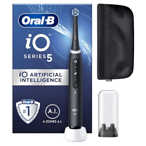 Oral-B iO 5 Cepillo De Dientes Eléctrico Negro Con 1 Cabezal, 1 Funda Magnética y 1 Soporte de Recambios, 5 Modos De Cepillado, Sensor De Presión y Temporizador, Diseñado Por Braun