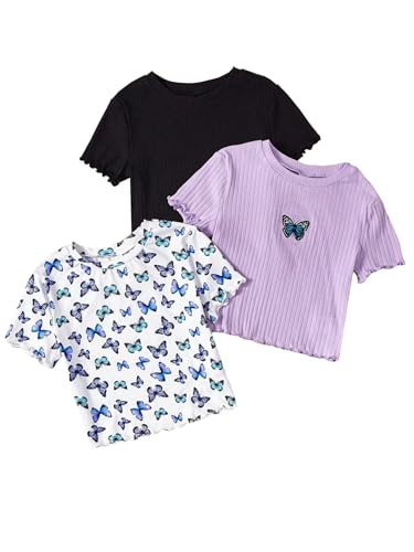 Image of RoseSeek Girl's 3 Packs Graphic Tees Butterfly Embroidery Short Sleeve T Shirt Crewneck Slim Fit Tops