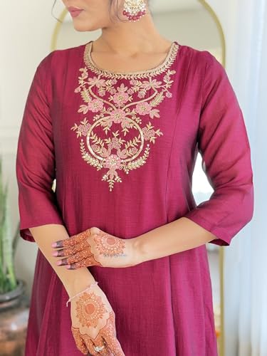 Image of Naixa Women's Vichitra Silk Embroidered A-Line Kurta with Pant and Dupatta Sets (Available in Plus Size) (NX-656)
