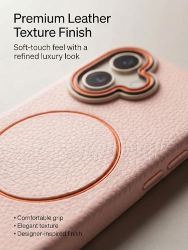 Image of amazon basics Luxury MagSafe Compatible Leather Texture Back Cover for iPhone 17 | Raised Camera Protection | Slim Fit Shockproof Case with Metallic Accents (Pink)