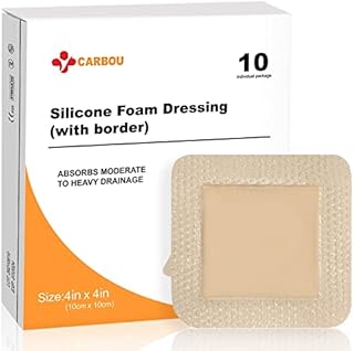 Carbou 10Pcs Silicone Foam Dressing 4"x 4"(10 cm x 10 cm) - with Border Adhesive Waterproof Central Ultra Absorbent-Foam (2.5" X 2.5") Square Dressing Waterproof Silicone Wound Bandage