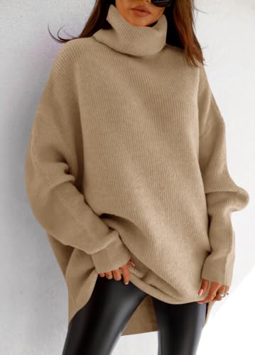 Image of Womens Turtleneck Oversized Sweater Batwing Chunky Pullover Sweater Casual Fall Loose Knit Jumper Top