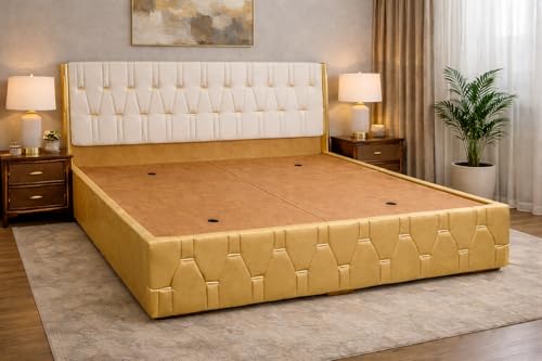 Image of Royal Aura Upholstered King Size Bed with Box Storage for Bedroom | Elegant Wooden Double Bed with Storage | Platform Cot Palang with Tufted Headboard | 6.5 x 6 Ft | Sheesham Wood | White