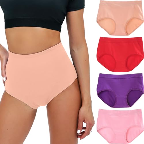 Risipu 4PCS Womens Cotton Knickers High Waisted Knickers for Women Ladies Full Briefs Soft Panties for Women (UK, Alpha, XL, Regular, Regular, Red + Purple + Nude + Dusty Pink)