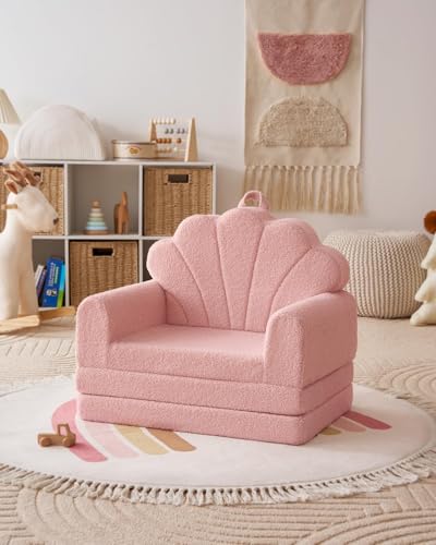 Image of Blissful Diary Foldable Kids Couch, 2-in-1 Kids Sofa Chair, Pink Shell | 50.8 inch Fold-Out Play Area, Supportive Foam, Washable Cover, Carry Handle, Pre-Assembled, Kid-Safe Zipper