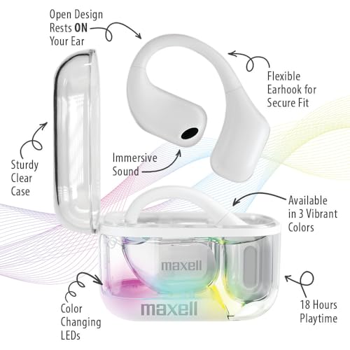 Image of Maxell OWS Pro Open-Ear Bluetooth Earhooks, Vibrant Colors | Open-ear design lets you hear your surroundings - 18 hours playtime with charging case, secure comfort fit