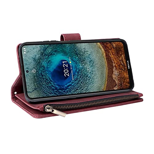 Lbyzcase For Nokia X100 Case With Card Holder,Durable Luxury Magnetic Folio Flip Leather Zipper Pocket Wrist Strap Kickstand Women Men Phone Case Cover For Nokia X100 (Wine Red) #TOP5