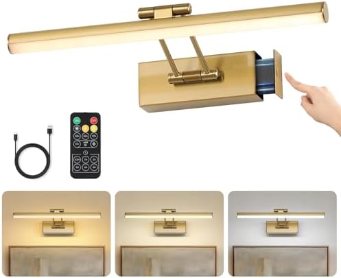 JUSHENG Picture Lights for Wall Battery Operated, Brass 3CCT Dimmable Gallery Light with Detachable Battery and Timer, Rechargeable Picture Lighting for Paintings, Canvas, Portraits 15.35 inch 3W