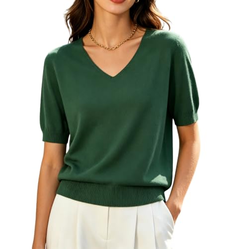 Image of DAIMIDY Women's Short Sleeve Sweater V Neck Summer Knit Tops