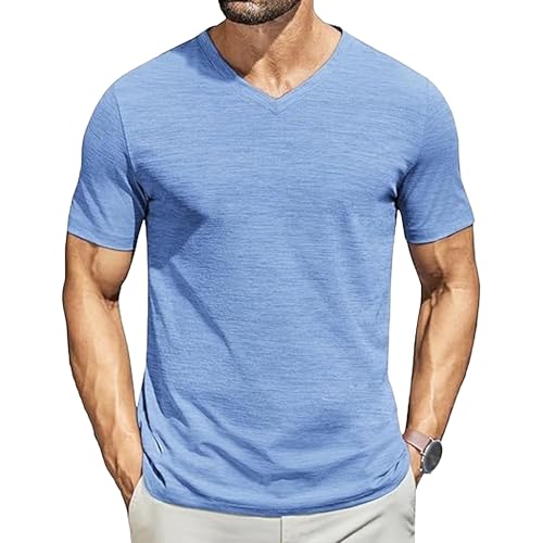 Men Short Sleeve Classic V-Neck T-Shirt Solid Breathable Casual Daily Tee Tops Summer Basic Slim Fit Pullover Shirt (Light Blue,X-Small)