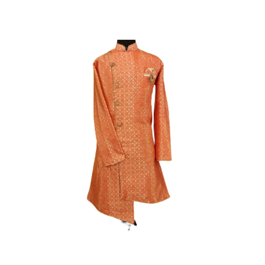 Embroidered Art Asymmetric Self Design, Embroidered Sherwani in Peach-image-28
