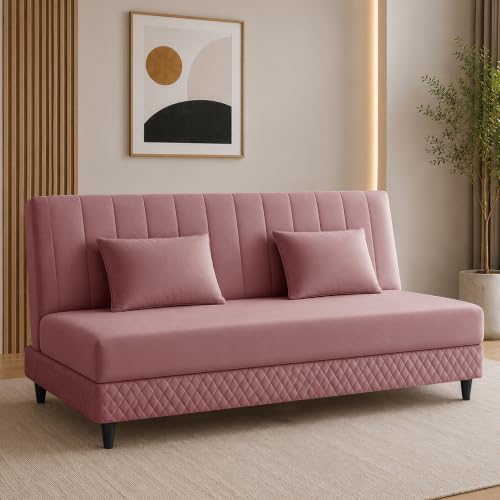 Image of Rosebell Modern 3 Seater Velvet Sofa Cum Bed with Cushion | Premium Upholstered Fabric | Tufted Backrest | Wooden Legs | Living Room Furniture | Rose Pink