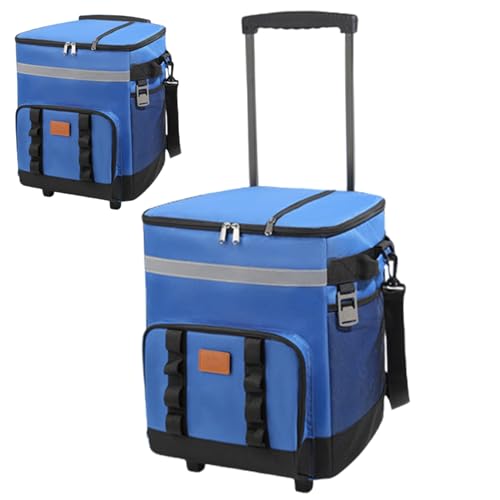 35L Gran refrigerador rodante, Bolso de refrigerador Suave aislada aislada con Ruedas y Mango Plegable para el Patio de Campamento de Playa al Aire Libre, Azul
