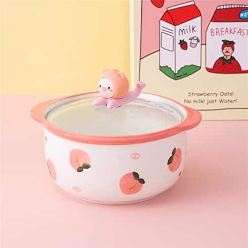 FAMoUsGoods Tazón de Sopa Kawaii Ceramics Fresa Peach Ramen Bowl con Tapa Linda Cocina Tallarines de Fútbol Incendios Grandes Ensalada Fruta Sopa de Arroz Vajilla Tazón para Ensalada (Color : Pink A) Cover