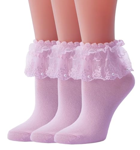 Image of Women Ruffle Socks, Soft Comfortable Lace Frilly Fashion Princess Socks with Pearls 3 Pairs