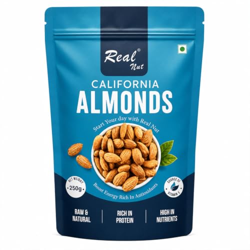 Image of RealNut Plain California Almonds 250g | Premium Badam Whole | Natural Unroasted & Unsalted Almonds | Healthy Protein Rich Dry Fruits Snack | Crunchy Almond Kernels