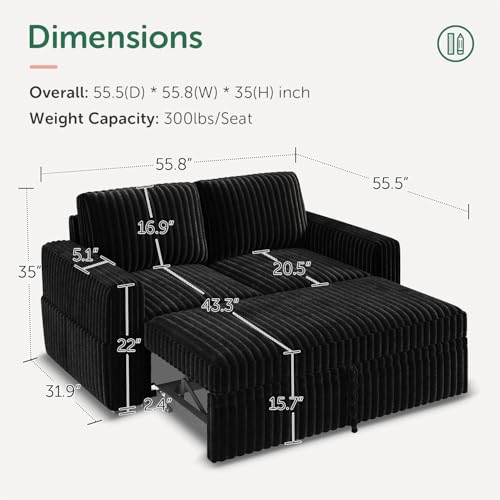 Image of HONBAY Modular Pull Out Sofa Bed,Corduroy Loveseat, Couches for Living Room,Black