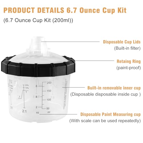 Image of RRJ Disposable Paint Cup Automotive Spray Gun Paint System, for LVLP /HVLP Spray Gun Kit 6.7 Ounce(200ML) Mixing Cups with 50 Liners and Lids, 1 Hard Cup with Retainer Ring, 2 Adapter, Stirrer