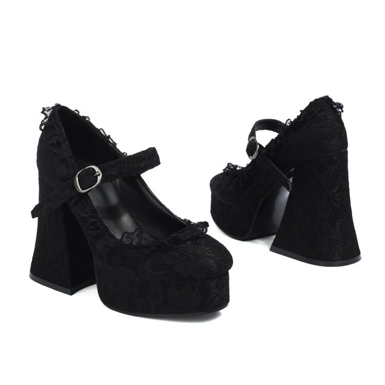 VERISSON Closed Toe Platform Mary Jane Pumps Round Toe Chunky High Heels Laces Buckle Strappy Pumps2
