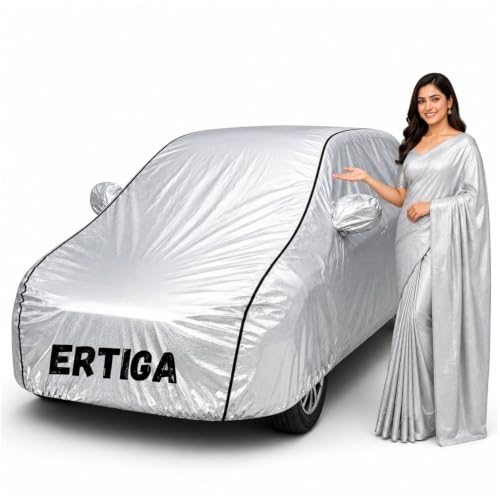 Image of Waterproof Car Body Cover for Ertiga All Weather Protection Comes with Inner Cotton Lining & Triple Stitched with Mirror & Antenna Pocket Belt & Elastic Fit Metallic Silver with Black Piping