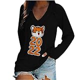 2022 Camiseta de Manga Larga Mujer, Moda 2022 Impresión Patchwork Blusa Cuello en V basica camisa Camiseta Suelto Verano primavera Tops Casual T-Shirt fiesta Elegante original Año nuevo tee