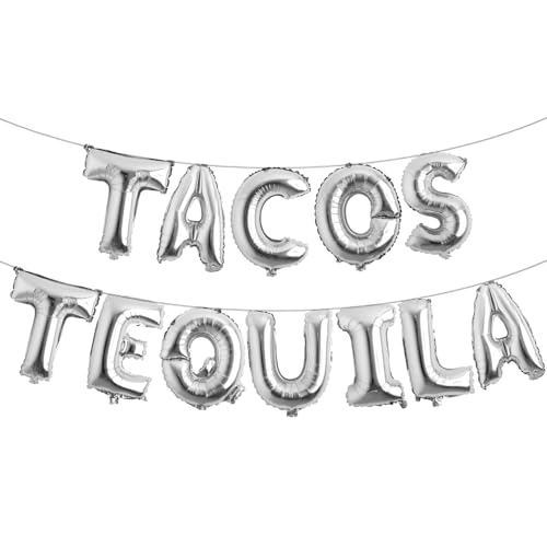 Tacos & Tequila Balloon, Multicolor Taco Banner for Mexician Taco Party/Taco Tuesdays/Tacos and Tequila Party/Fiesta/Birthday Decorations (TACOS TEQUILA Silver)