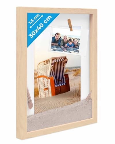 Photolini 3d Marco De Fotos 30x40 Cm Para Rellenar, Natural, Marco Con Profundidad Para Objetos De Hasta 1,5 Cm, Madera Mdf Con Paspartú Y Cristal - Para Manualidades Y Como Regalo