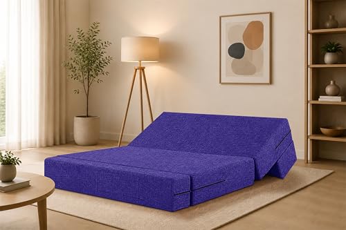Image of Two Seater Sofa Cum Bed Jute Fabric 4 X 6 Ft| Space Saving Foldable Sofa Bed for Living Room & Guest Room | Comfortable Multi-Functional Furniture - Purple