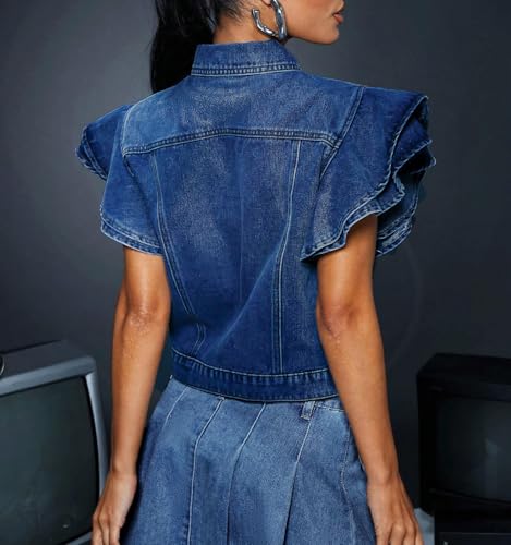 LifeShe Cropped Denim Jacket for Women Summer Ruffle Sleeve Button Down Crop Jean Jacket Casual2
