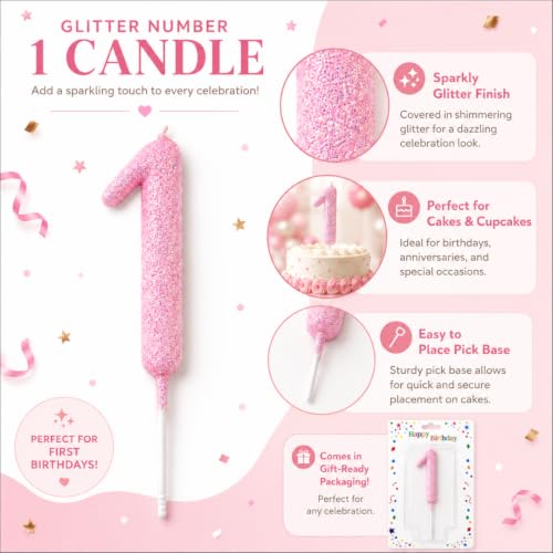 Image of Wanna Party Glitter Designer Pink Number 1 Birthday Candle, Numerical Cake Candle for 1st Birthday, Cake Cutting, Birthday Party Decoration & Celebration Supplies - 1PC