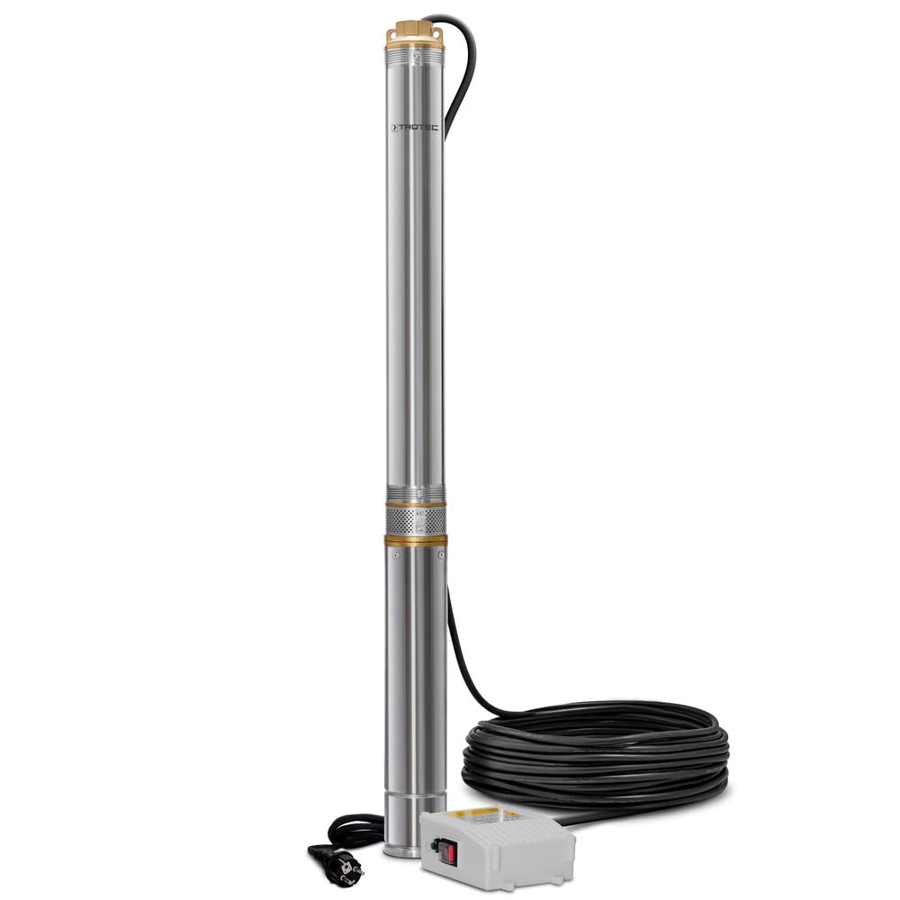 TROTEC Pompe de puits profonde TDP 7501 E - Pompe à eau avec débit 6000 l/h, 1100 W - Hauteur de refoulement 90 m, ø 8,6 cm, IP68 pour pompe, pompe en acier inoxydable