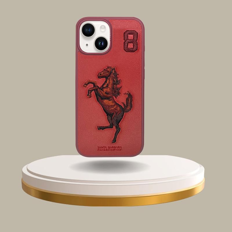 Image of Santa Barbara Embroidered Horse Series Leather Red Back Case Compatible with iPhone 15 Series (iPhone 15)