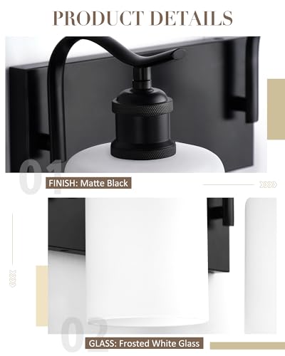 Image of Black Vanity Light, 3-Light Bathroom Light Fixture, Modern Wall Sconce with Milk Glass, VL01BKW-3