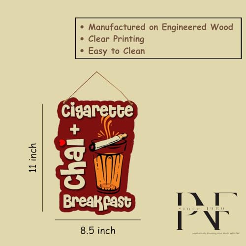 Image of PNF Poster And Frames Cigarette+Chai Breakfast Quote Wall art & Door Hanging Frame For Kitchen, Dining, restaurants Decor | Walland home Decor for Living Room | Room Decor Wall Decor Items For Bedroom | (Wooden, 11x9 Inch,brown)-121-1